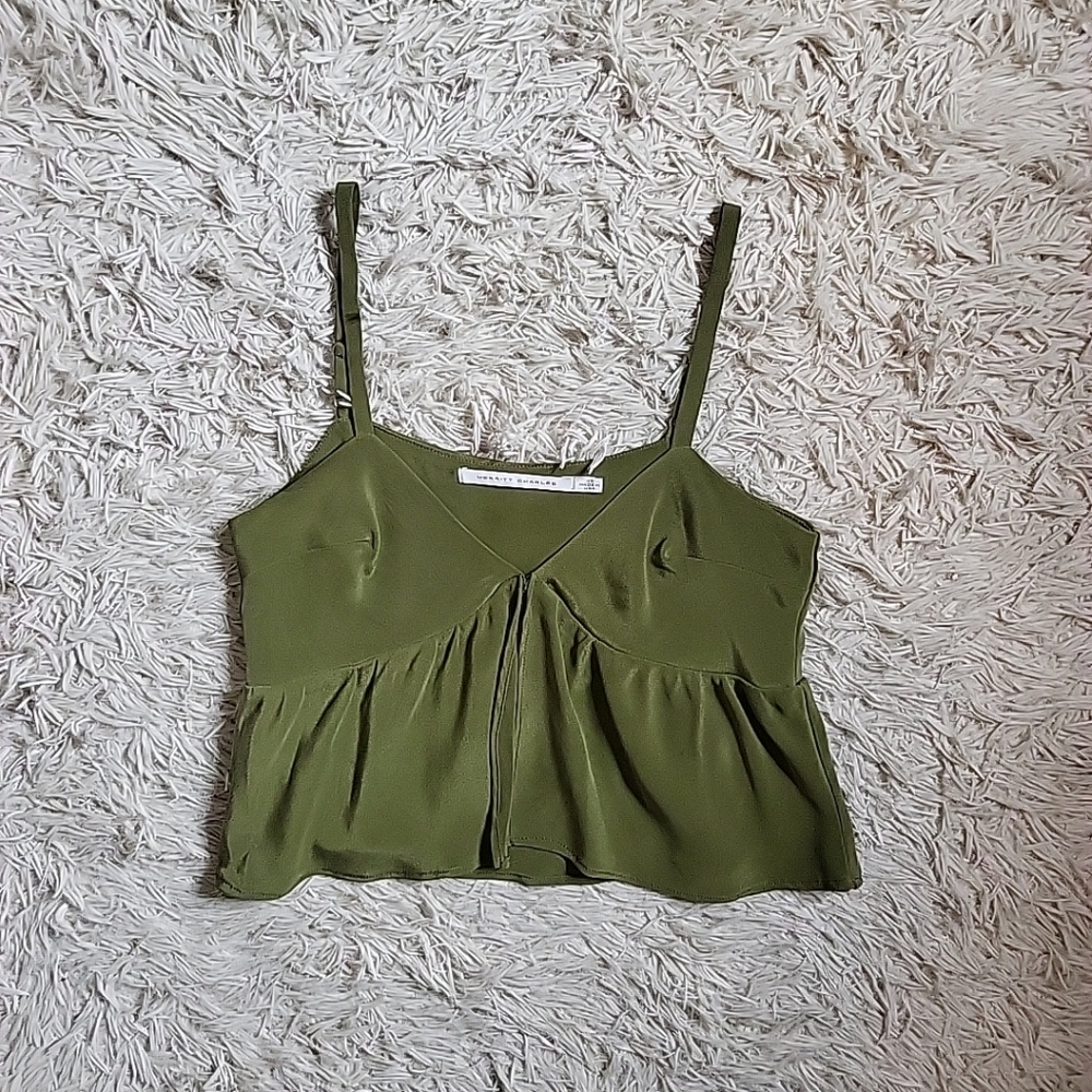Merritt Charles Olive Green Flyaway Top Blouse Crop Top Feminine Flowy - XS